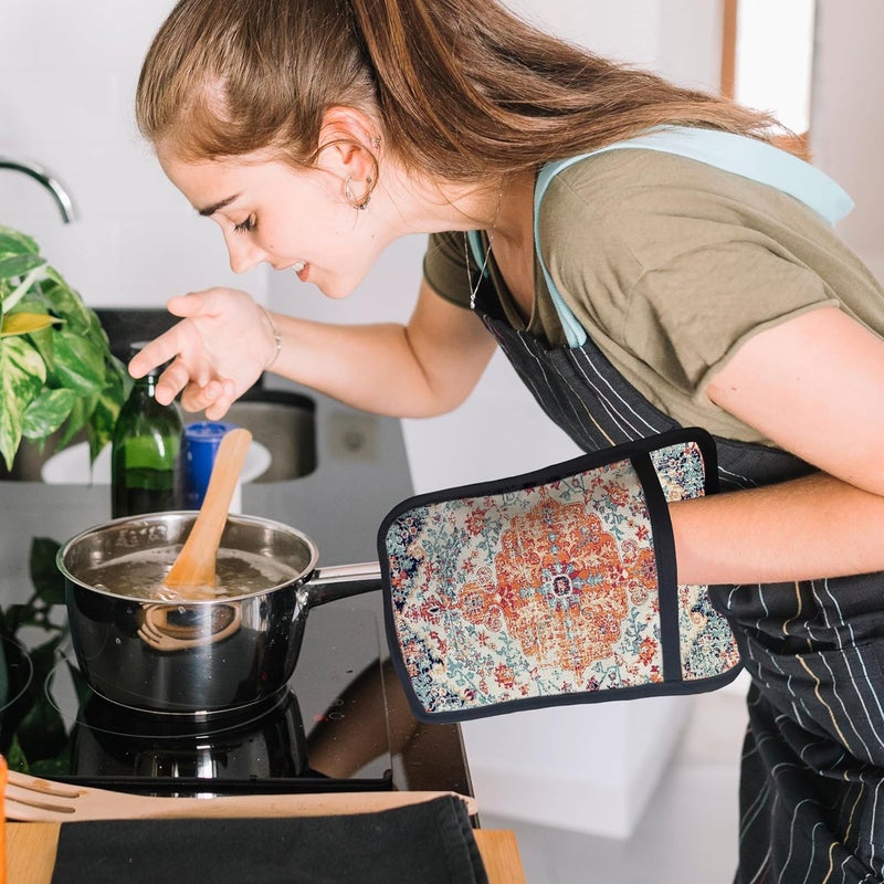 HUGANE Rustic Vintage Boho Pot Holders for Kitchen, Abstract Orange Blue Boho Ethnic Floral Botanical Heat Resistant Hot Pads and Oven Mitts for Baking Cooking - Image 3